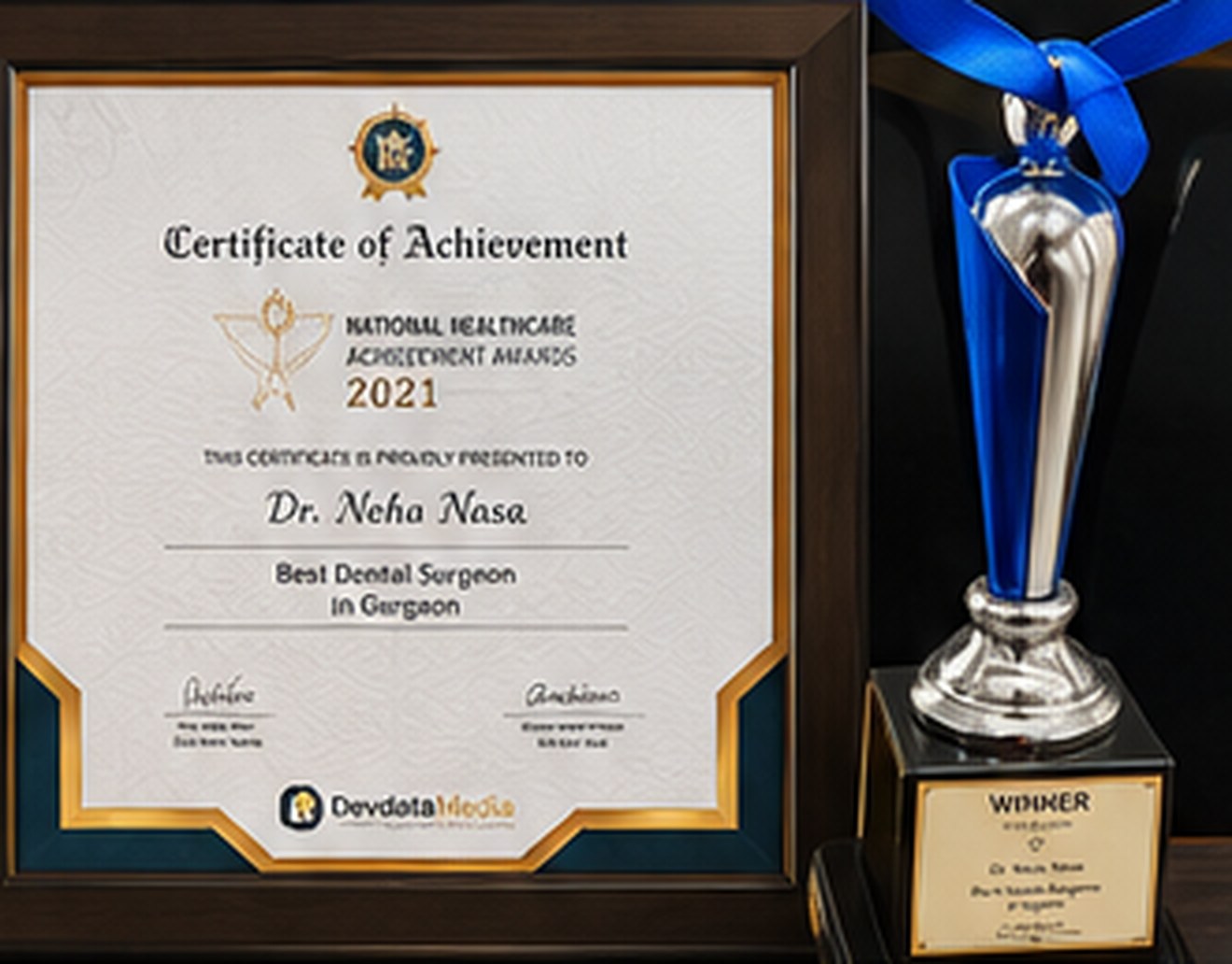 Certificate of Achievement from the National Healthcare Achievement Awards 2021, presented to Dr. Neha Nasa as Best Dental Surgeon in Gurgaon, shown beside the accompanying winner's trophy